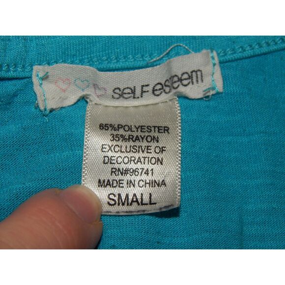 SELF ESTEEM girls small solid teal blue flowy hi-low t-shirt with crochet detail - Picture 2 of 4